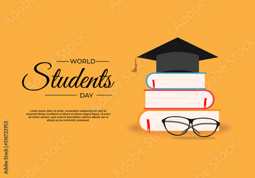 World Student international day background with stack of books, glasses and graduation hat isolated on orange color.