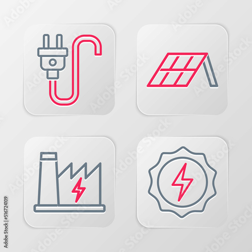 Set line Lightning bolt, Nuclear power plant, Solar energy panel and Electric plug icon. Vector