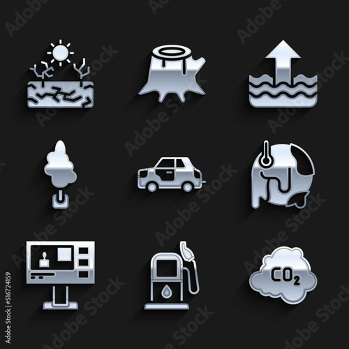Set Car, Petrol or gas station, CO2 emissions in cloud, Global warming, Television report, Tree, Rise water level and Drought icon. Vector