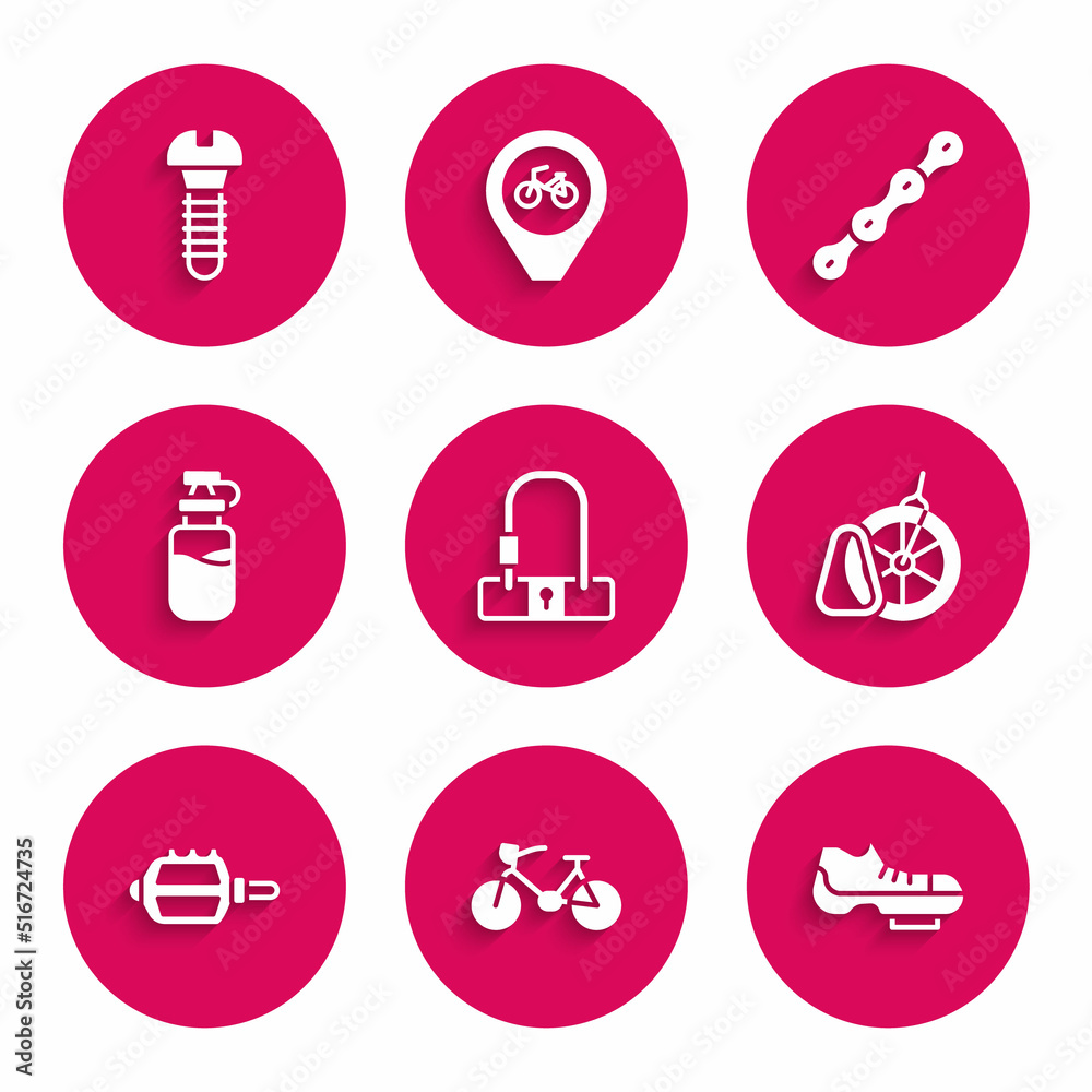 Set Bicycle lock, shoes, parking, pedal, Sport bottle with water, chain and Metallic screw icon. Vector Set Bicycle lock, shoes, parking, pedal, Sport bottle with water, chain and Metallic screw icon. Vector