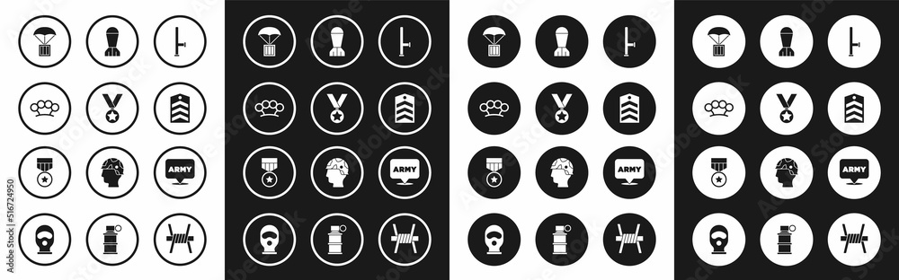 Set Police rubber baton, Military reward medal, Brass knuckles, Airdrop box, Chevron, Aviation bomb, army and icon. Vector Set Police rubber baton, Military reward medal, Brass knuckles, Airdrop box, Chevron, Aviation bomb, army and icon. Vector