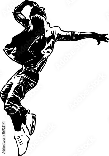 Silhouette of dancing girl, Stencil of young girl jumping and dancing, Sketch illustration of dancing woman