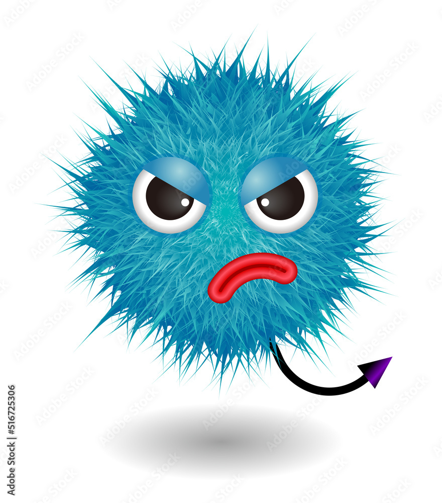 Hairy monster with blue fluffy hair. Vector cute furry ball character.
