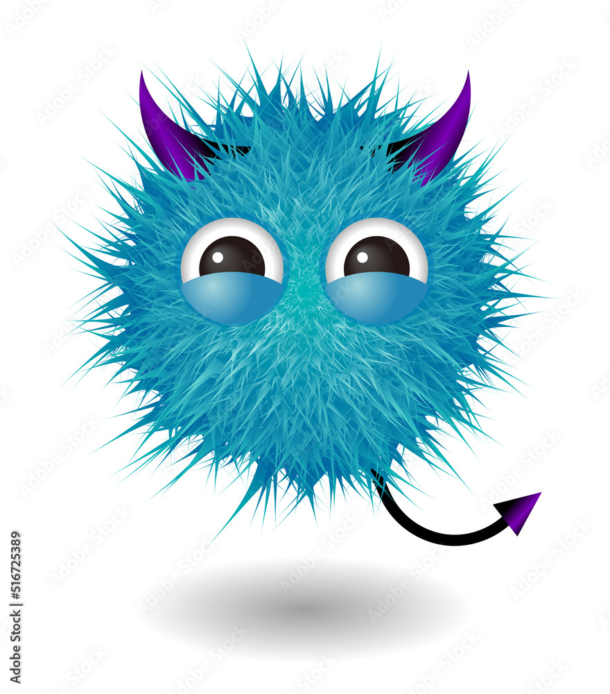 Hairy monster with blue fluffy hair. Vector cute furry ball character.
