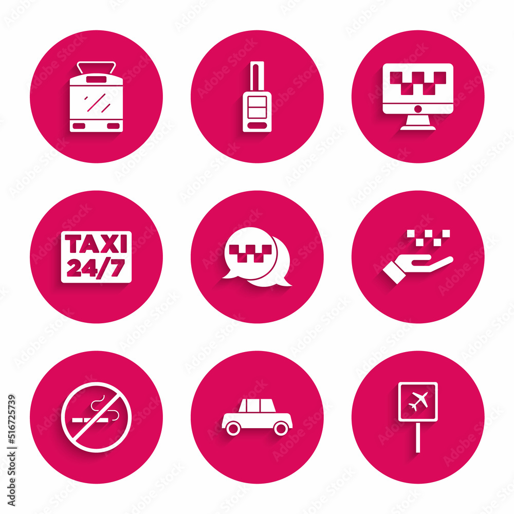 Set Taxi call telephone service, Car, Airport, Hand with taxi, No Smoking, Location, Computer and Tram railway icon. Vector Set Taxi call telephone service, Car, Airport, Hand with taxi, No Smoking, Location, Computer and Tram railway icon. Vector