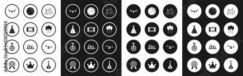 Set Vintage bicycle, Circus ticket, Party hat, Carnival garland with flags, Balloons ribbon, Beach ball, Seesaw and Unicycle or one wheel icon. Vector
