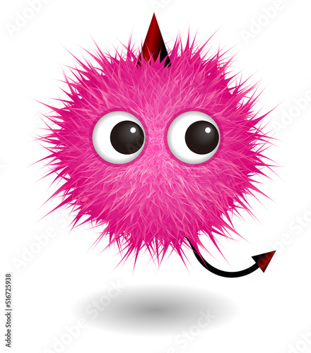 Hairy monster with pink fluffy hair. Vector cute furry ball character.