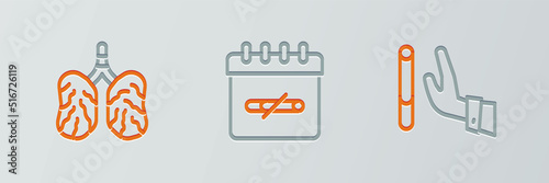 Set line Giving up cigarette, Disease lungs and No smoking days icon. Vector
