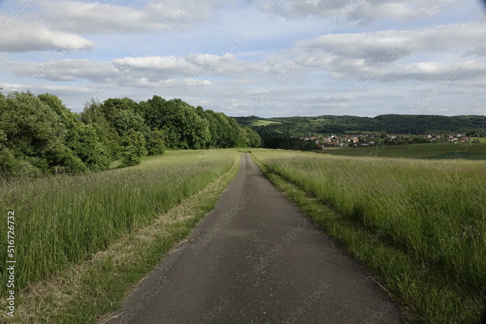 Narrow tarmac road in Northern Palatinate landscape, blue spring sky, concept: outdoors, hiking (horizontal), Pfeffelbach, Kusel, RLP, Germany