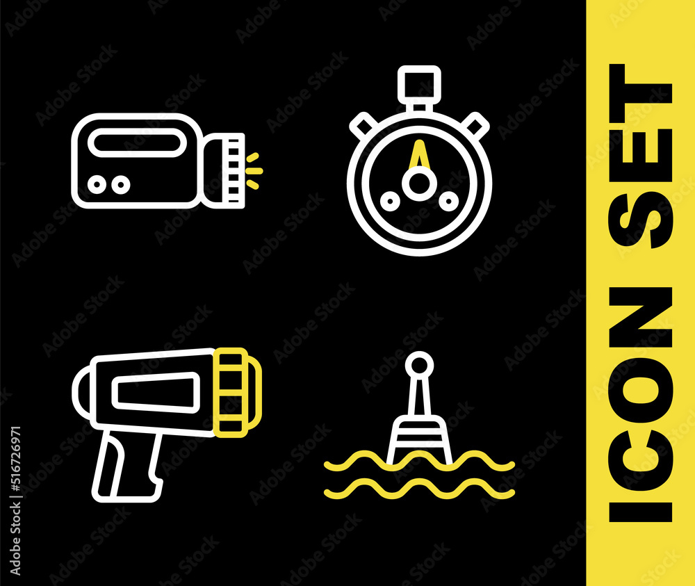 Set line Stopwatch, Floating buoy, Flashlight for diver and icon. Vector Set line Stopwatch, Floating buoy, Flashlight for diver and icon. Vector
