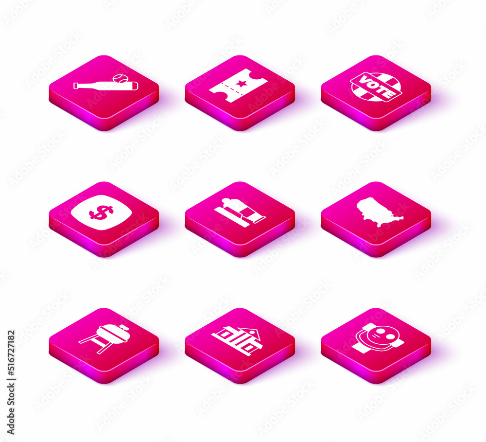 Set Barbecue grill, White House, Dollar symbol, Cannon, Tourist binoculars, USA map, Vote and Baseball ticket icon. Vector Set Barbecue grill, White House, Dollar symbol, Cannon, Tourist binoculars, USA map, Vote and Baseball ticket icon. Vector