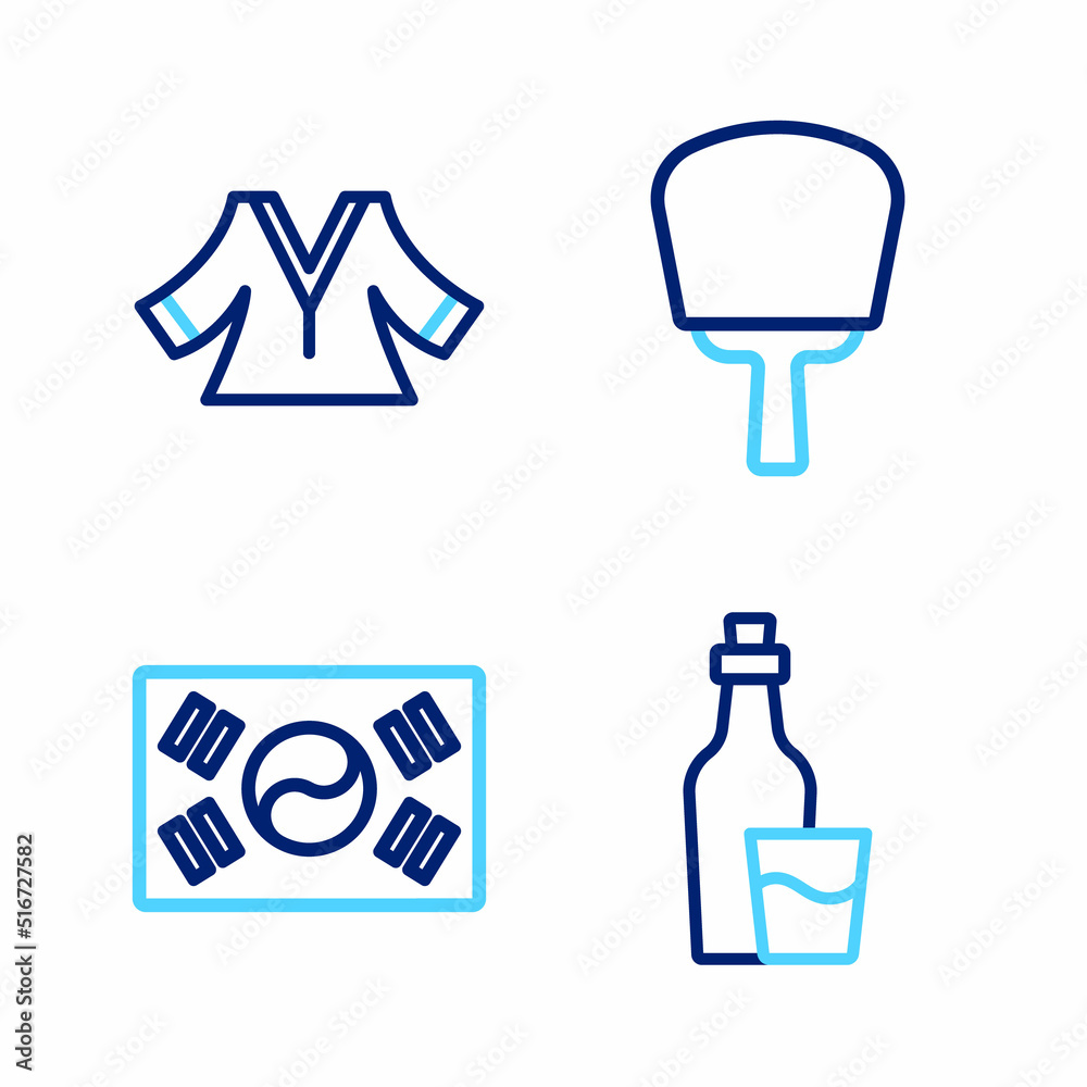 Set line Soju bottle, South Korea flag, Korean hand fan and Kimono icon. Vector Set line Soju bottle, South Korea flag, Korean hand fan and Kimono icon. Vector
