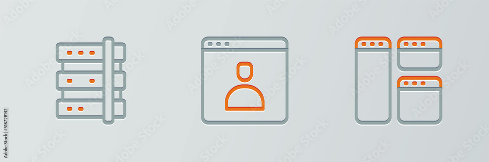 Set line Browser window, Server and Create account screen icon. Vector Set line Browser window, Server and Create account screen icon. Vector