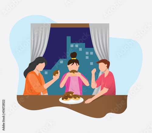 People eating food at home, Men and women relaxing and enjoying delivered meals, vector flat styles