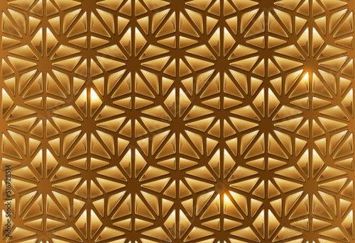 Glossy golden star seamless patern, festive abstract wrapping paper design. Shiny glass triangles luxury star pattern design. Gold jewelry style geometric background