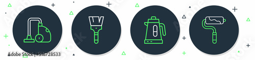 Set line Paint brush, Electric kettle, Vacuum cleaner and roller icon. Vector