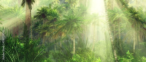 Jungle, rainforest during the plank, palm trees in the morning in the fog, jungle in the haze, palm trees in the haze, 3D rendering