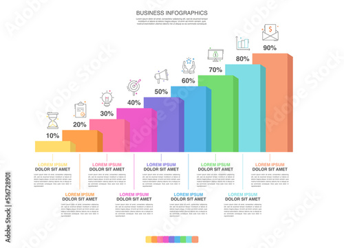 Vector creative infographic of columns bar chart with nine options. Modern comparison business table isolated on transparent background. Design timeline with data slide template