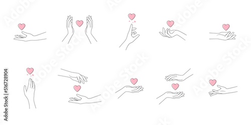 Fototapeta Naklejka Na Ścianę i Meble -  Collection of hands holding the pink heart symbol. Vector illustration isolated on white background