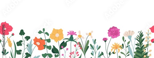 Horizontal seamless banner decorated with blooming flowers and leaves. Spring floral backdrop. Flat vector illustration on white background
