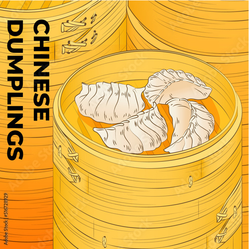 Chinese dumplings. Menu design template. Vector illustration. Chinese dumplings and buns in a traditional bamboo steamer