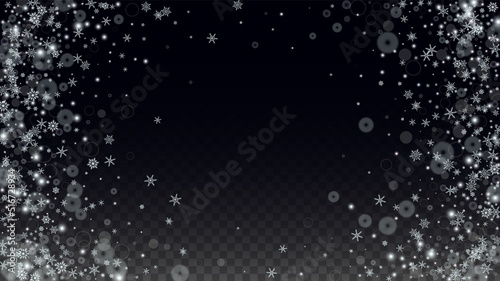 Christmas Vector Background with Falling Snowflakes  Isolated on Transparent Background. Realistic Snow Sparkle Pattern. Snowfall Overlay Print. Winter Sky. Realistic Snow. Happy Christmas, New Year.