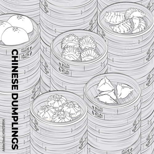 Chinese dumplings. Menu design template. Vector illustration. Chinese dumplings and buns in a traditional bamboo steamer