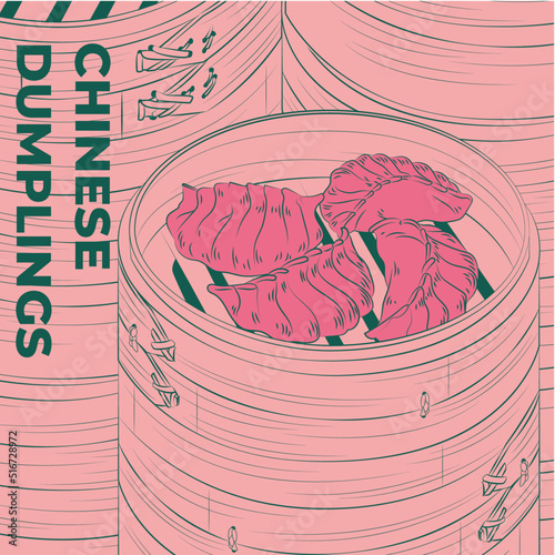 Chinese dumplings. Menu design template. Vector illustration. Chinese dumplings and buns in a traditional bamboo steamer