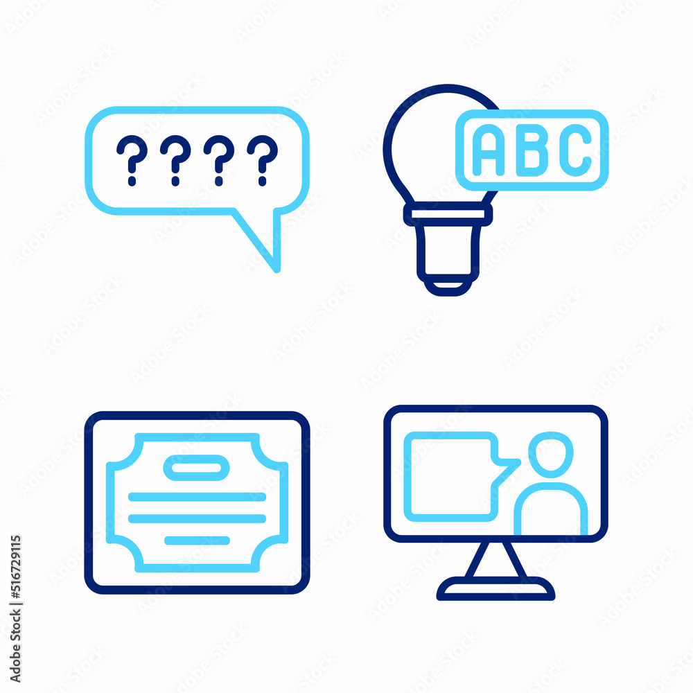 Set line Foreign language online study, Certificate template, Creative lamp light idea and Speech bubbles with Question icon. Vector Set line Foreign language online study, Certificate template, Creative lamp light idea and Speech bubbles with Question icon. Vector