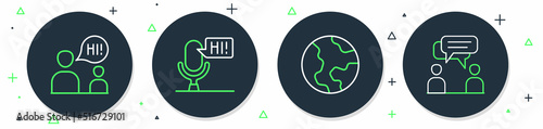 Set line Microphone voice device, Earth globe, Two sitting men talking and icon. Vector
