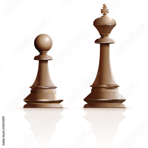 Ivory pawn and king. White pawn and white chess king. Vector illustration isolated on white background