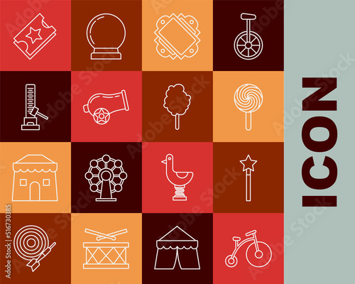 Set line Vintage bicycle with one big wheel and one small, Magic wand, Lollipop, Ticket, Cannon, High striker attraction hammer, and Cotton candy icon. Vector