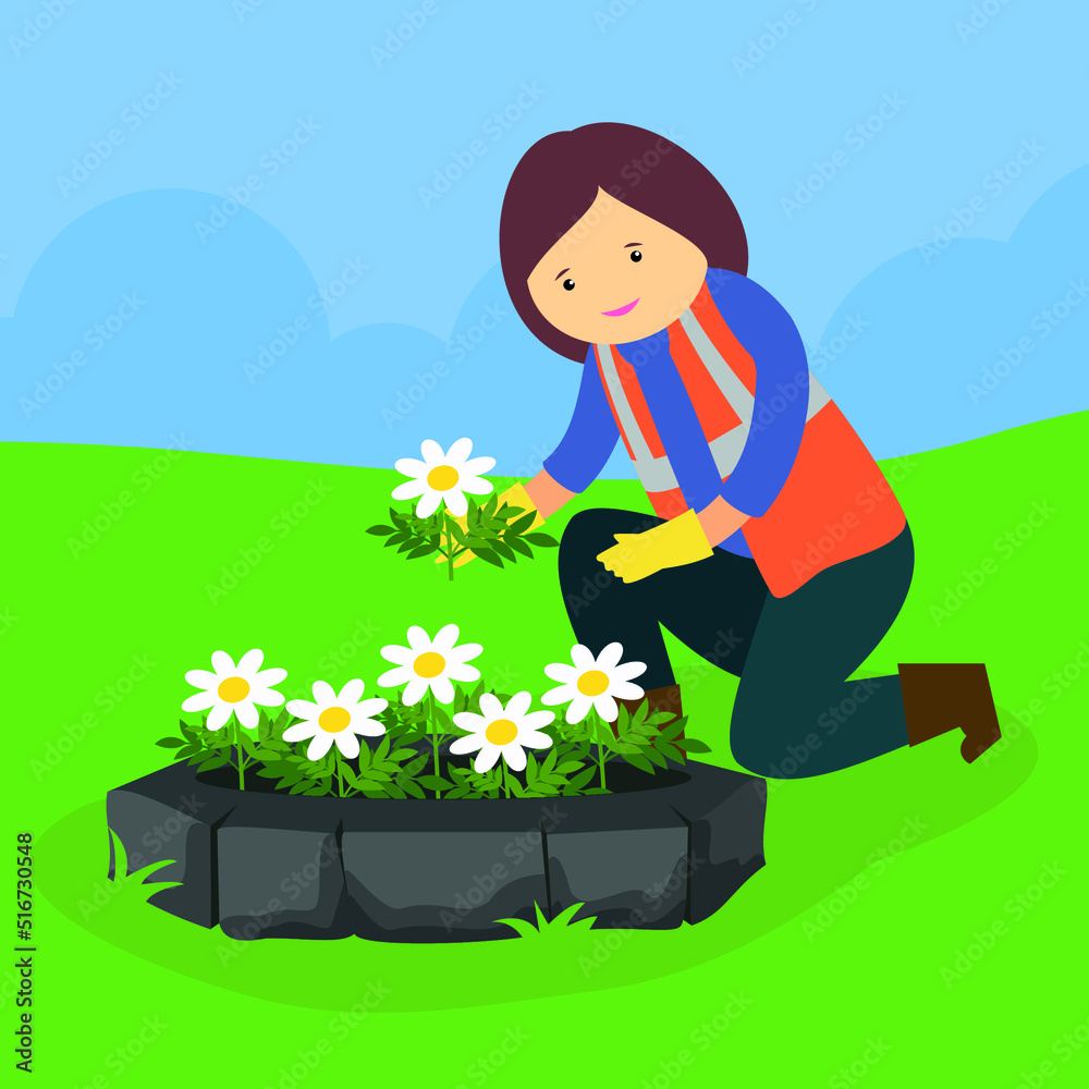 Utility worker planting daisies in a flower bed