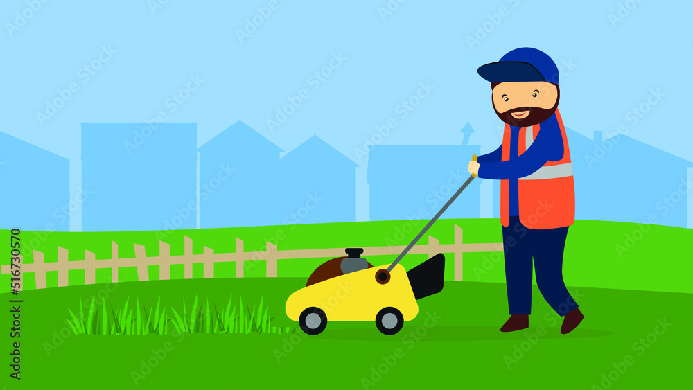 Utility worker cutting grass with a lawn mower