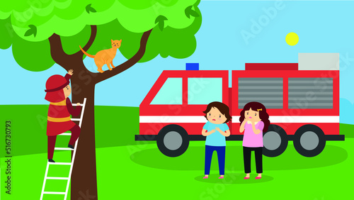 A fireman removes a cat from a tree