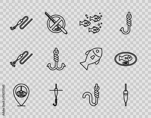 Set line Location fishing, Fishing float, hook and, line with, worm and trophy hanging the board icon. Vector