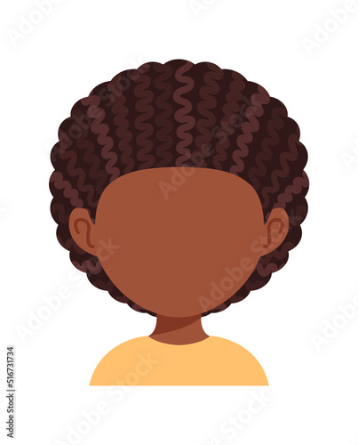 Black Child with Empty Face. Hairstyle Afro Curls on the Head of a Little Boy. Blank. Portrait. Kid in a Yellow Shirt. Template. Color Cartoon style White background. Vector illustration.