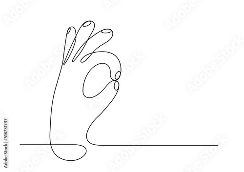 Ok sign. Continuous line. Hand showing okay isolated on white background. 