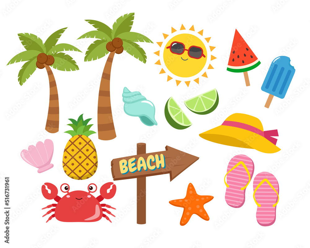 Summer tropical beach elements collection. Flat vector cartoon