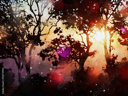 Abstract digital painting of forest at sunset time  warm tone image