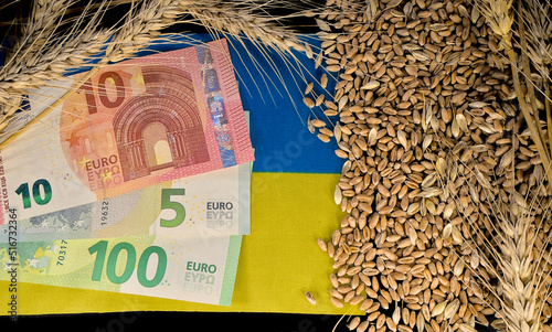 European Union euro banknotes on the flag of Ukraine and grains with ears of wheat on a black background. Theme of the problem of export of wheat from Ukraine. Close-up