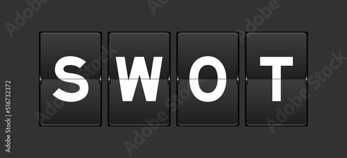 Black color analog flip board with word SWOT (abbreviation of strength, weakness, opportunities, threats) on gray background
