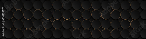 Luxury circular abstract black metal background with golden light lines. Dark 3d geometric texture illustration. Bright grid pattern. Pure black horizontal banner wallpaper. Carbon elegant wedding BG