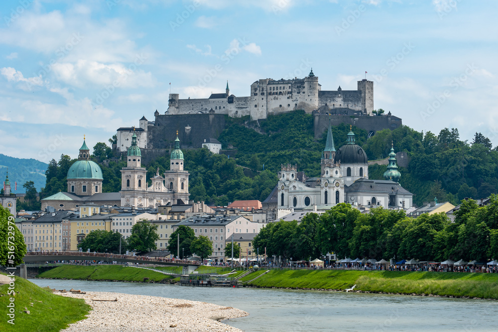 View of Salzburg Cathedral, St Peter's Abbey and Hohensalzburg Fortress in the background, Salzburg, Austria View of Salzburg Cathedral, St Peter's Abbey and Hohensalzburg Fortress in the background, Salzburg, Austria