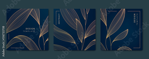 Vector set of abstract luxury golden square cards, post templates for social net, leaves botanical modern, art deco wallpaper background. Pattern, texture for print, fabric, packaging design