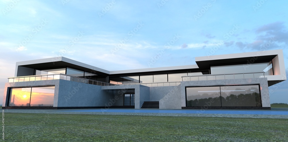 The urban sunset is reflected in the window of a luxurious high-tech villa. Flat roof. Large terrace. Wall decoration in white marble. 3d render. The illustration is suitable for advanced real estate 