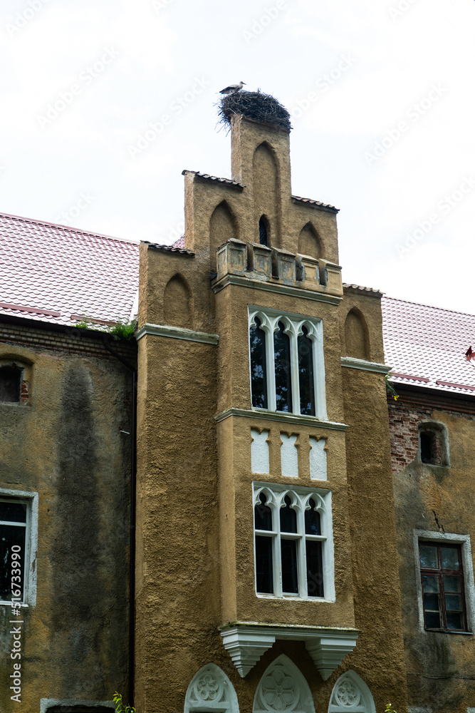 A wall with windows of an old castle with a stork's nest on the roof. The old abandoned Prussian Waldau Castle in Kaliningrad. Selective focus. 
