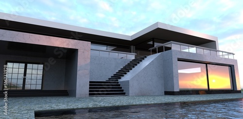 Stunning sunrise reflects in windows of contemporary high tech style house. White marble finishing of facade. 3d render. Excellent illustration for property sale resources.