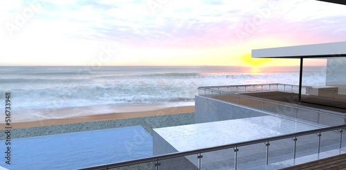 Amazing dawn. The sun rises from the sea. View from the terrace of a luxury high-tech house. 3d render. Great picture for romantic scenes. © Oleksandr
