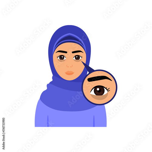 Beautiful Muslim Woman and Dark Circles Under Eyes. Arab Lady in Hijab and Skin Problem. Zoom. Closeup view. Color Cartoon style. White background. Vector illustration for Beauty and Medical Design.